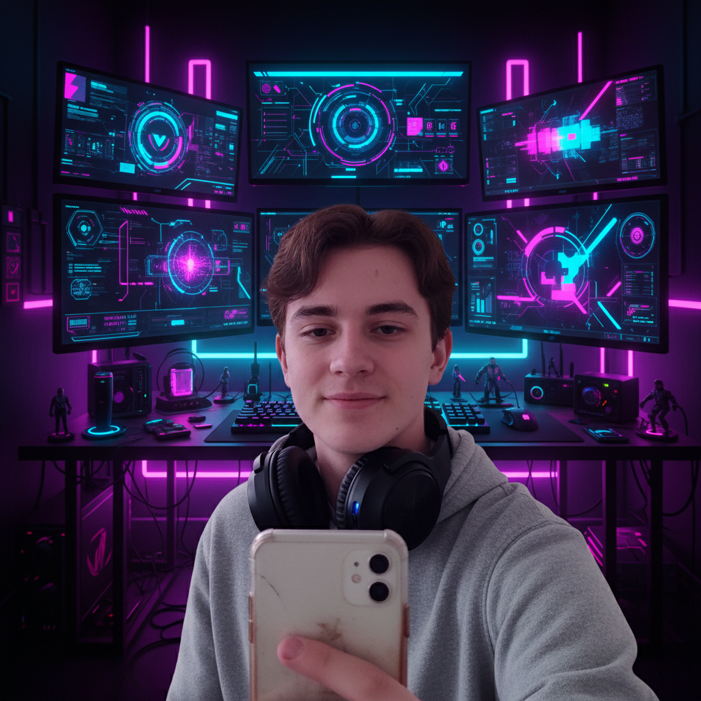 Professional banner with cyberpunk gaming room background