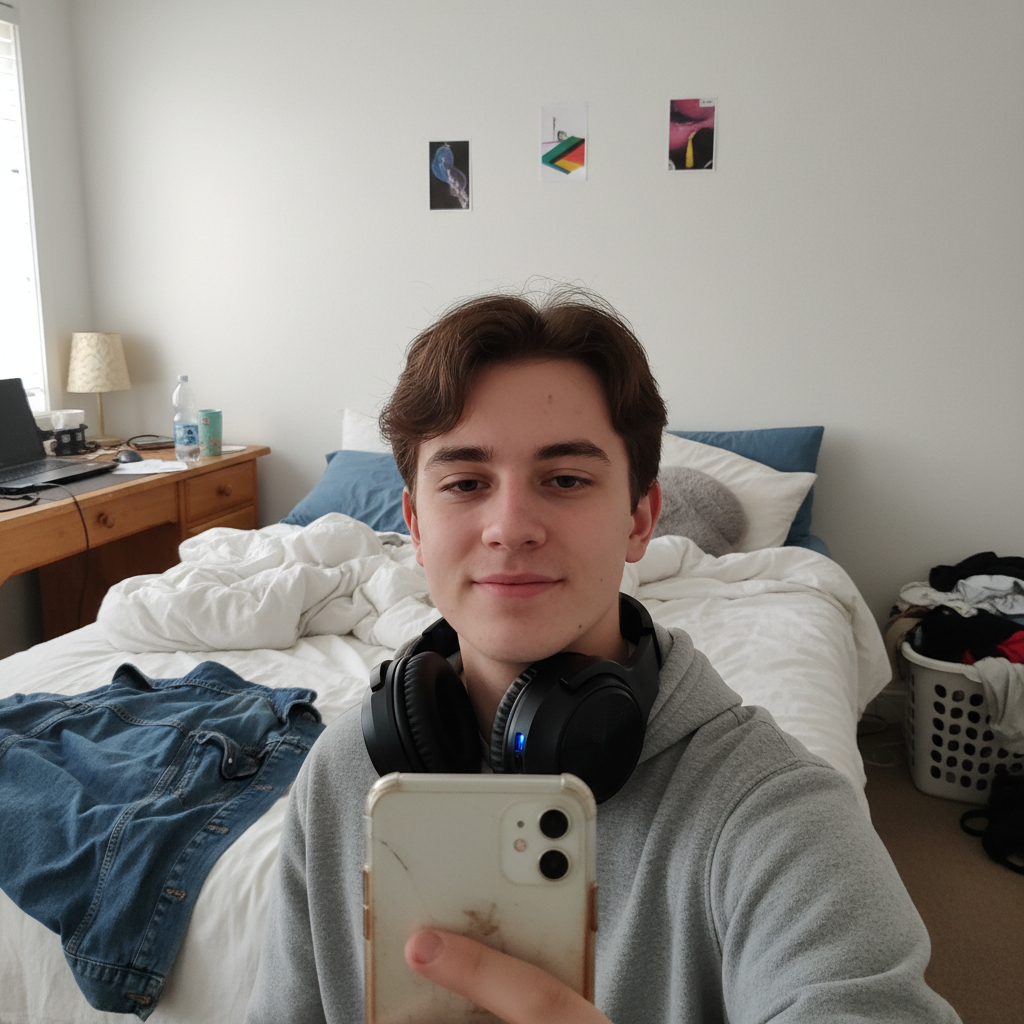 Selfie in bedroom with unmade bed visible