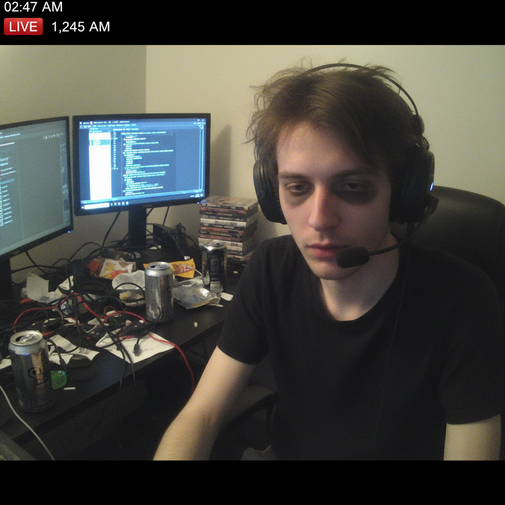 Webcam screenshot with cluttered desk and poor lighting