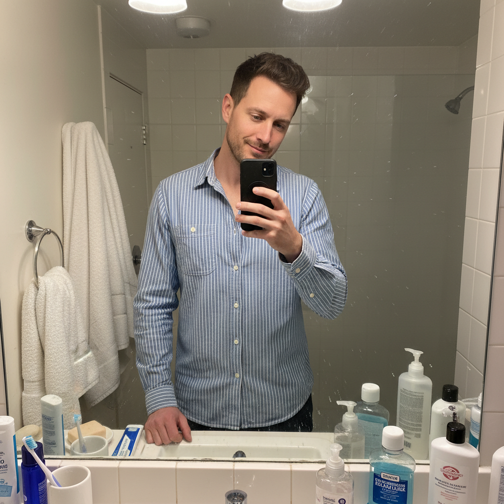 Bathroom mirror selfie with toiletries and clutter on counter