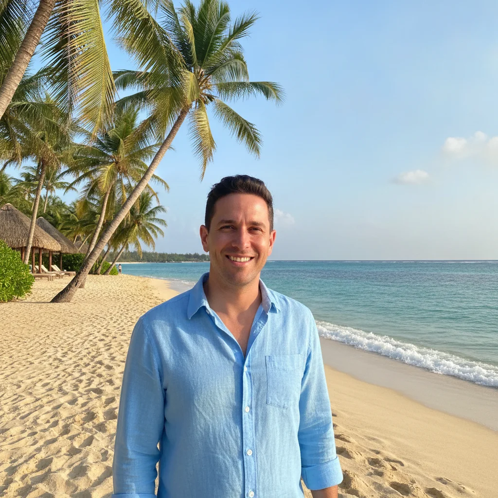 Man in blue shirt at a tropical beach resort with palm trees and ocean behind him