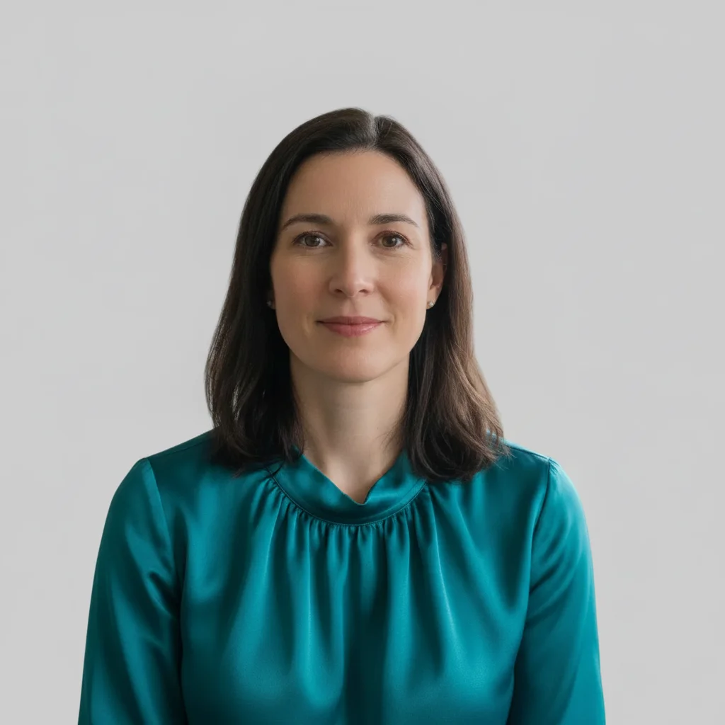 Same woman on a plain light grey background, passport-style