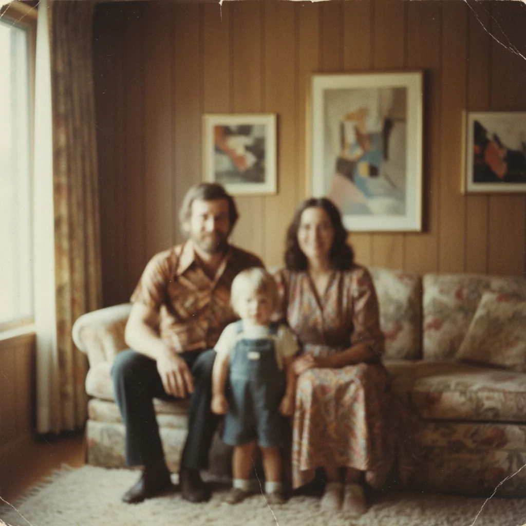 Soft blurry 1970s family portrait with unrecognizable faces from camera shake
