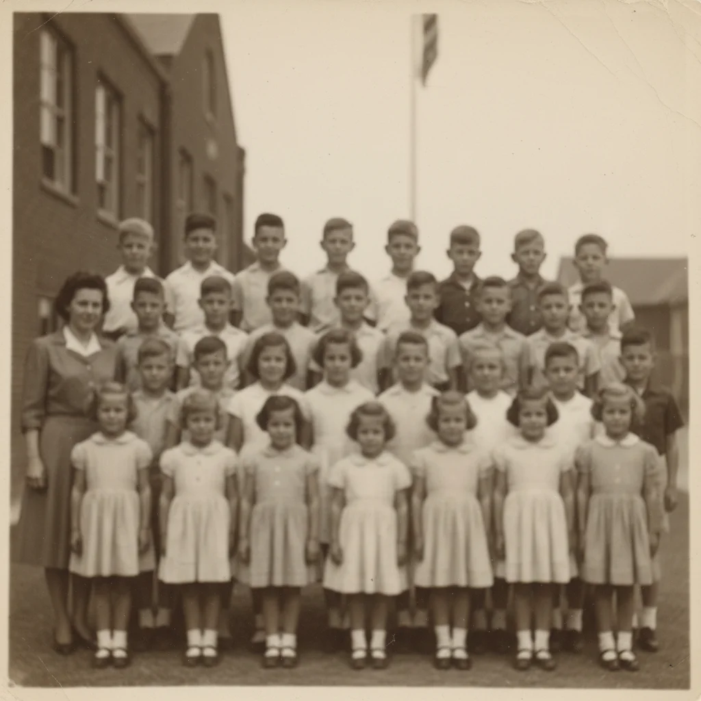 Soft 1950s school class photo with all faces out of focus and unrecognizable