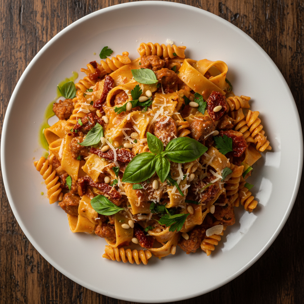 Tightly framed overhead shot of pasta dish with plate filling the frame