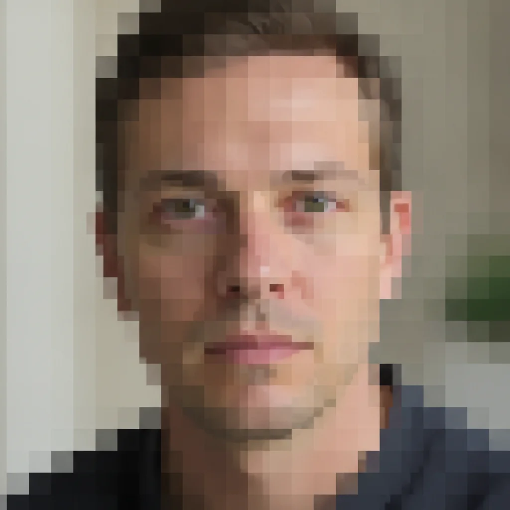 Portrait with visible pixel blocks and blocky square artifacts from low resolution