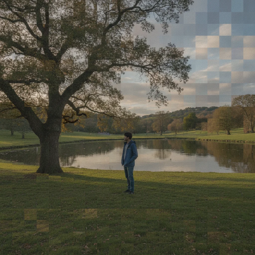 Outdoor photo with heavy JPEG compression blocks and visible 8x8 grid artifacts