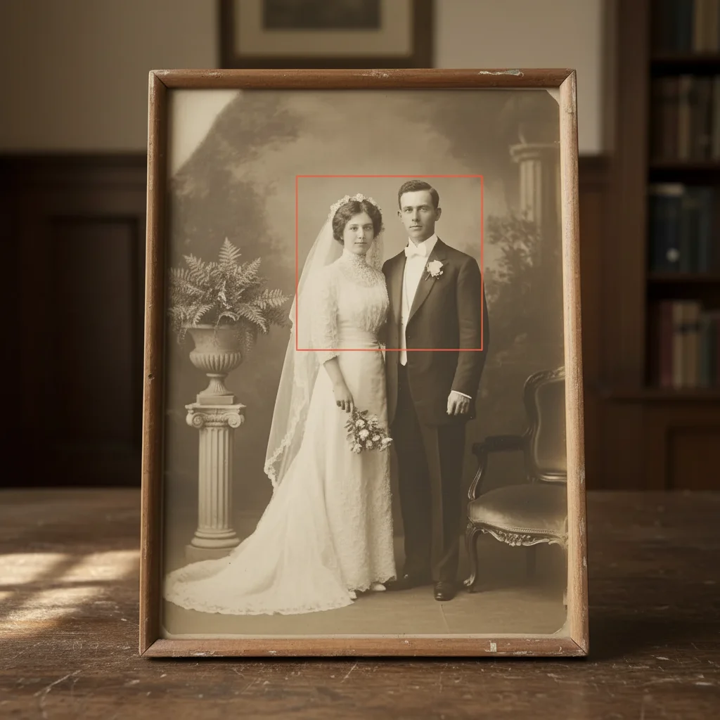Same wedding portrait with enhanced detail and clarity