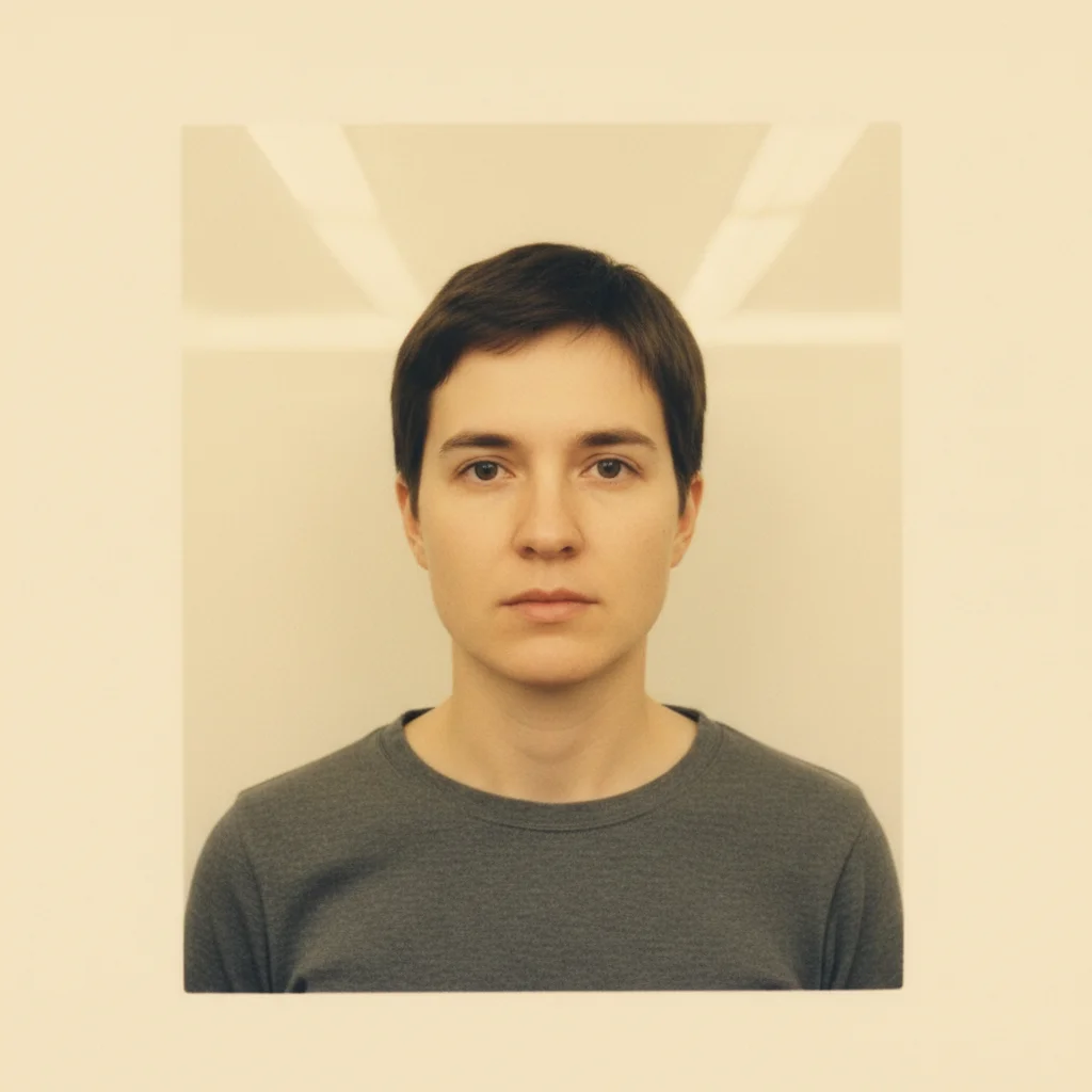 Drugstore passport photo with yellow lighting and cream-colored background