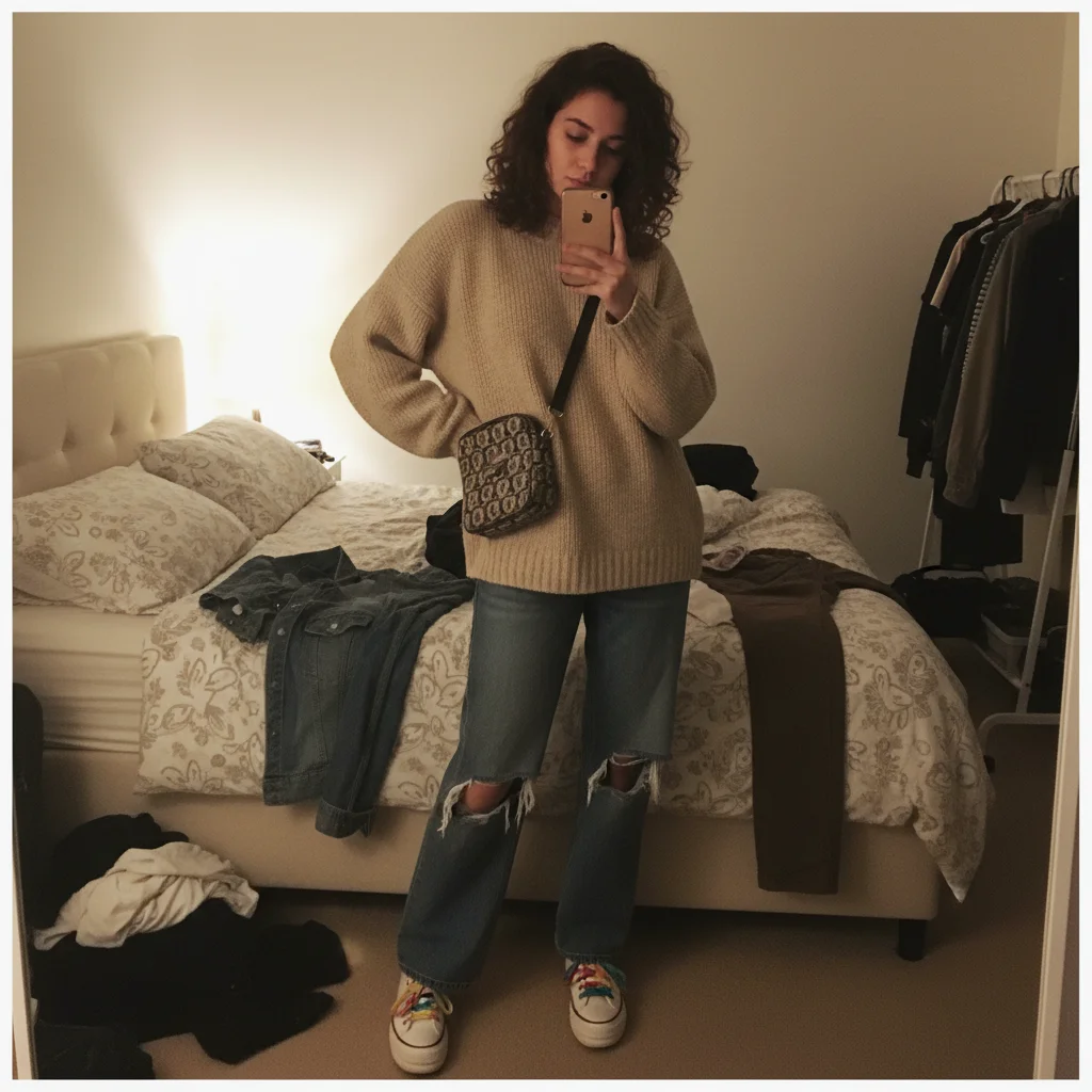 Customer outfit photo with messy bedroom background and poor lighting