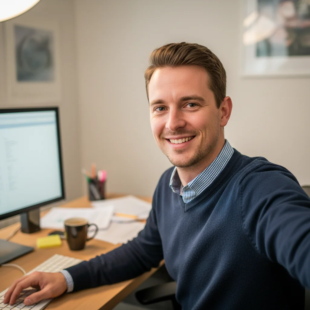 Customer testimonial selfie with webcam quality and cluttered desk