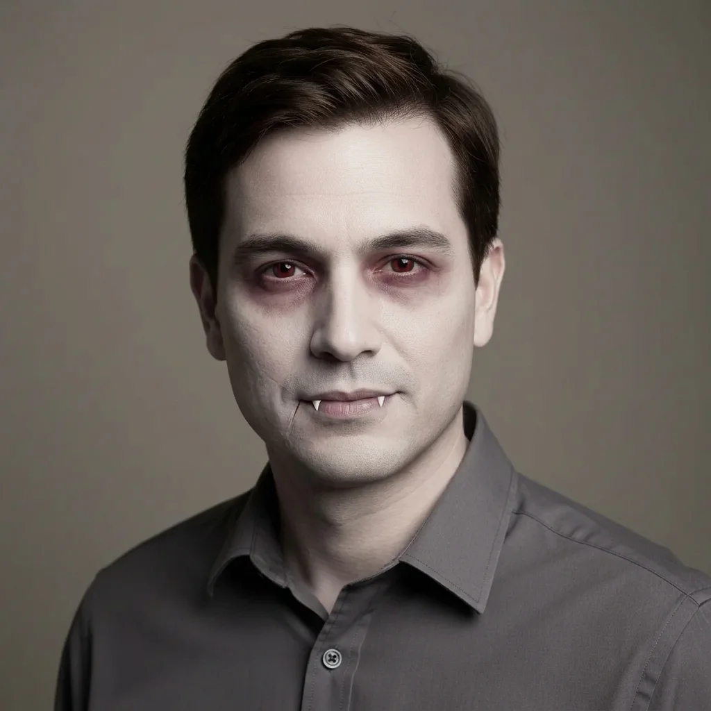 Same man transformed into a vampire with pale skin, red eyes, and visible fangs