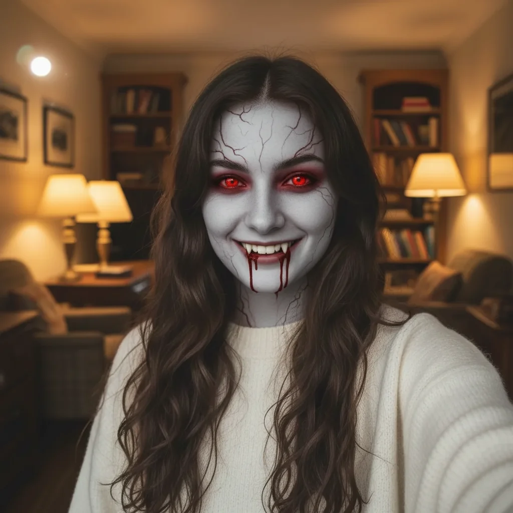 Same woman with vampire transformation showing pale skin, red glowing eyes, fangs, and blood drip