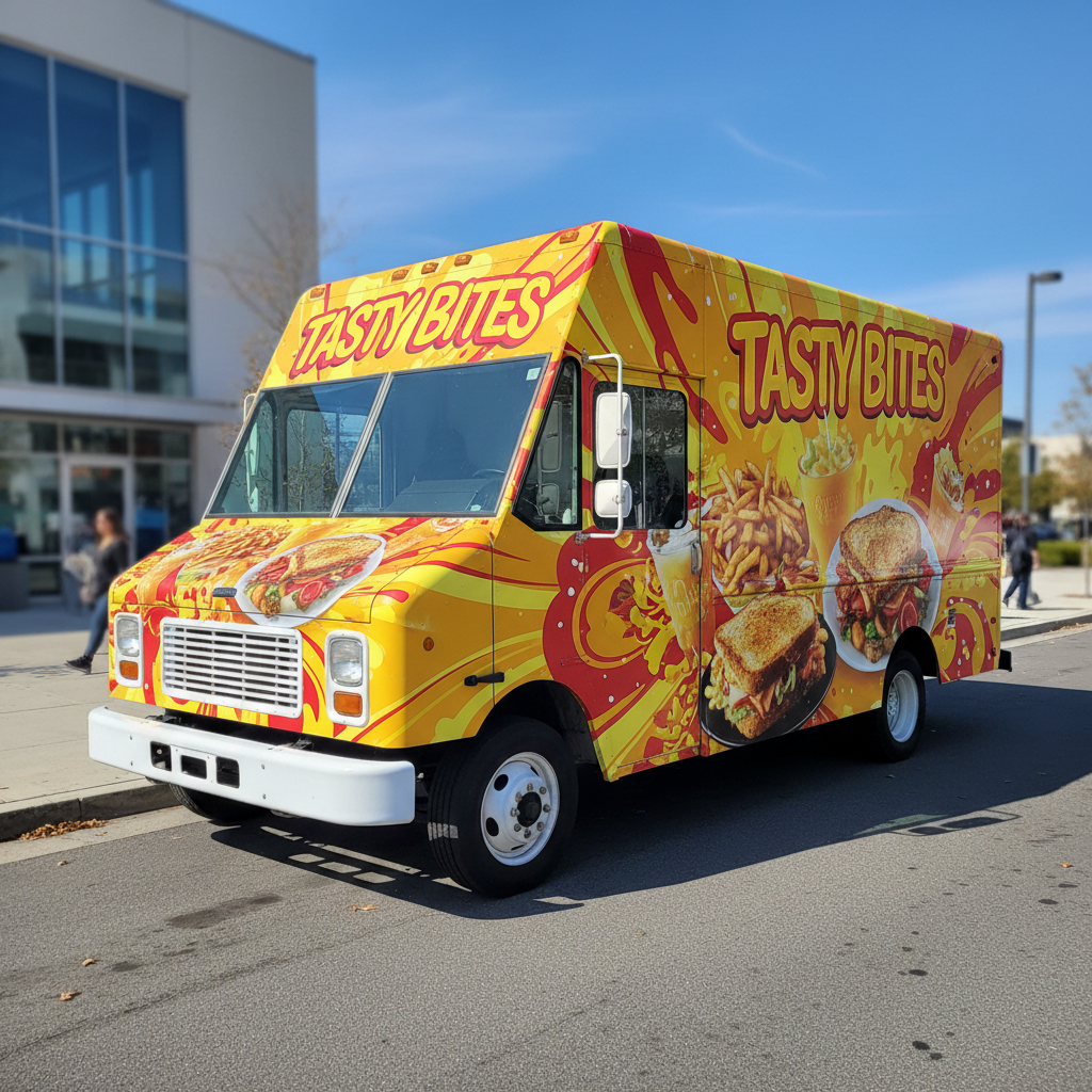 Food truck with vibrant illustrated wrap applied, food photography and brand name across the body