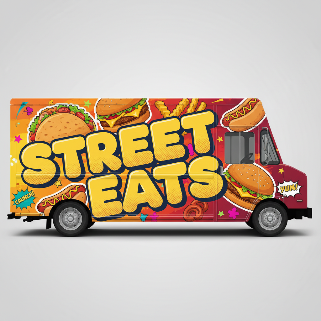 Flat illustrated food truck wrap artwork with food photography and bold typography