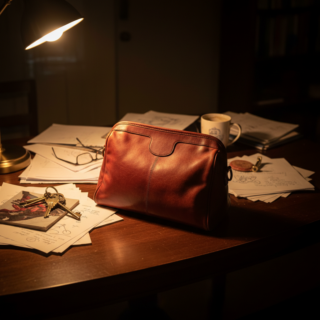Burgundy handbag looking orange under yellow lamp light with cluttered table