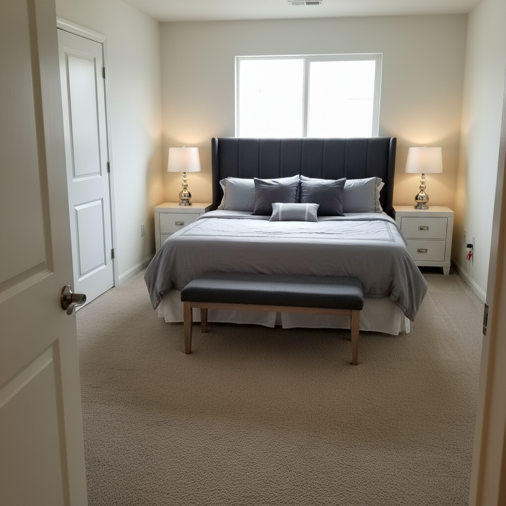 Master bedroom virtually staged with king bed, nightstands, lamps, and bench