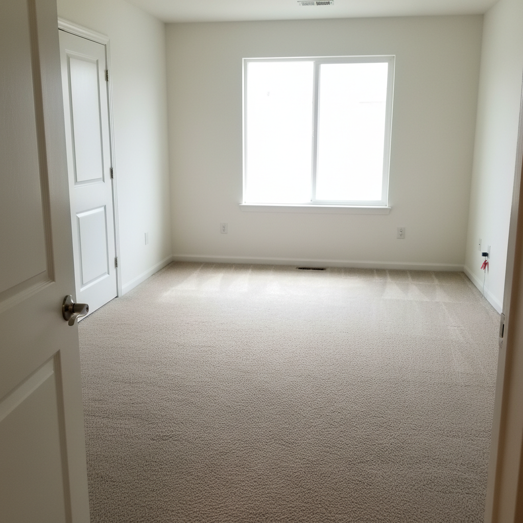 Empty master bedroom with carpet and window, completely vacant