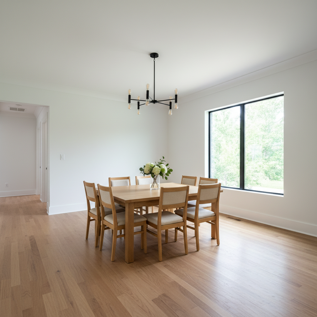 Dining room virtually staged with wooden table for six and upholstered chairs