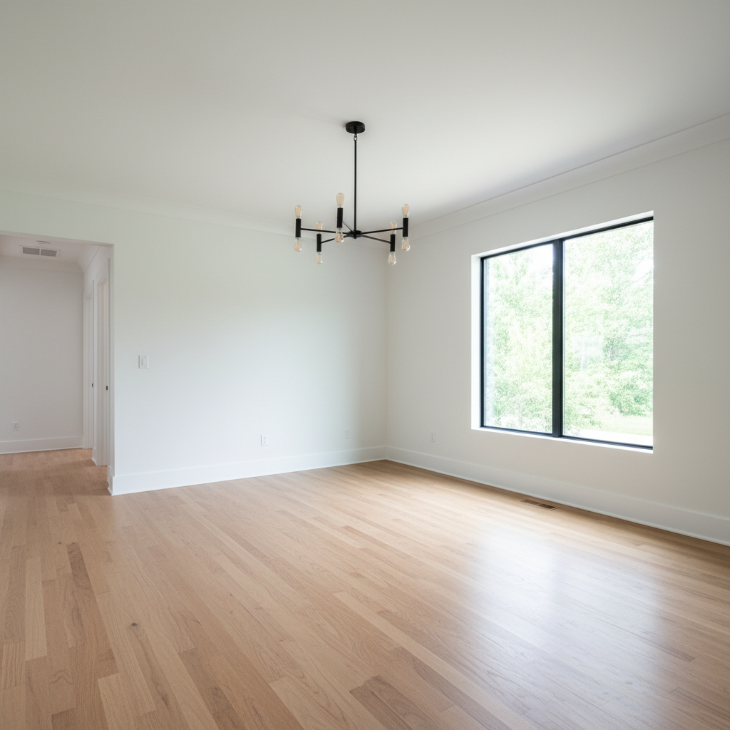 Empty dining room with hardwood floors and pendant light, no table or chairs
