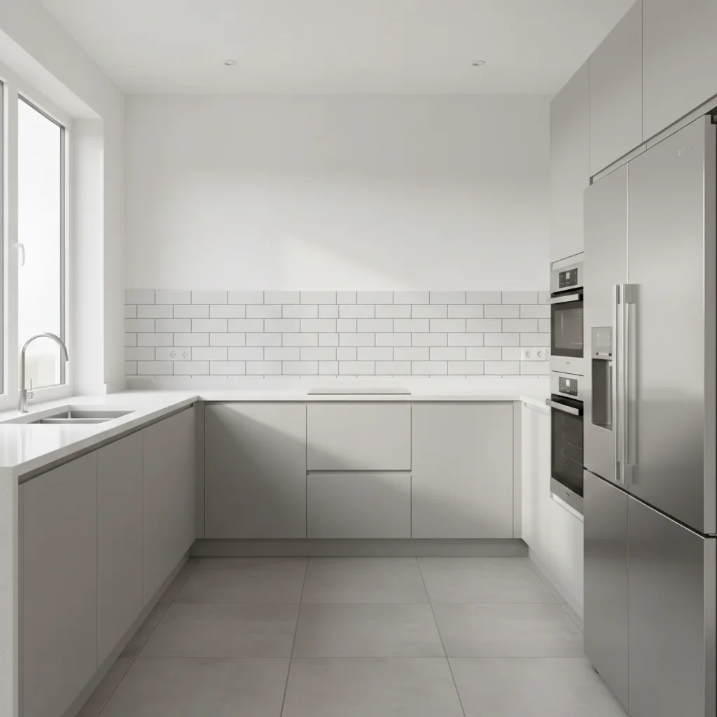 Same kitchen with white handmade subway tile backsplash visualized from tile shop sample