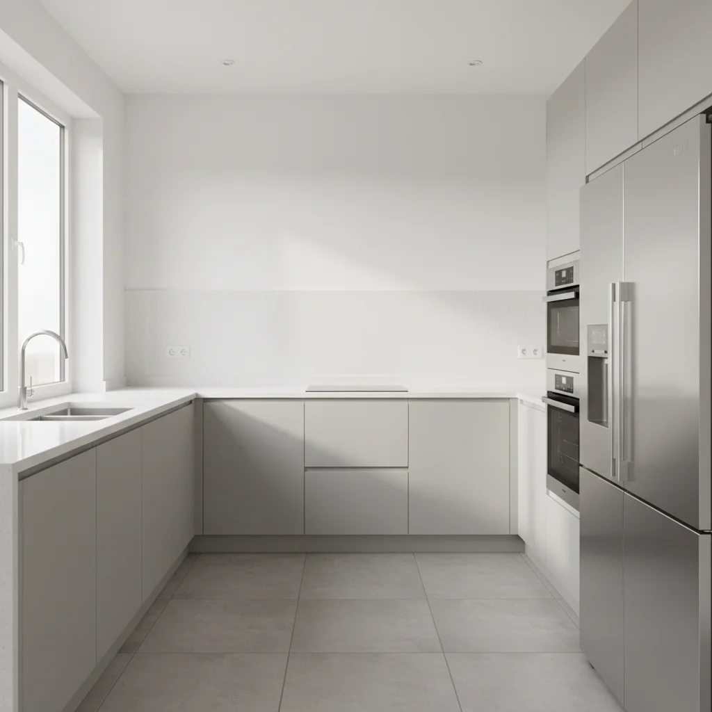 Clean modern kitchen with bare white wall above the counter, no backsplash