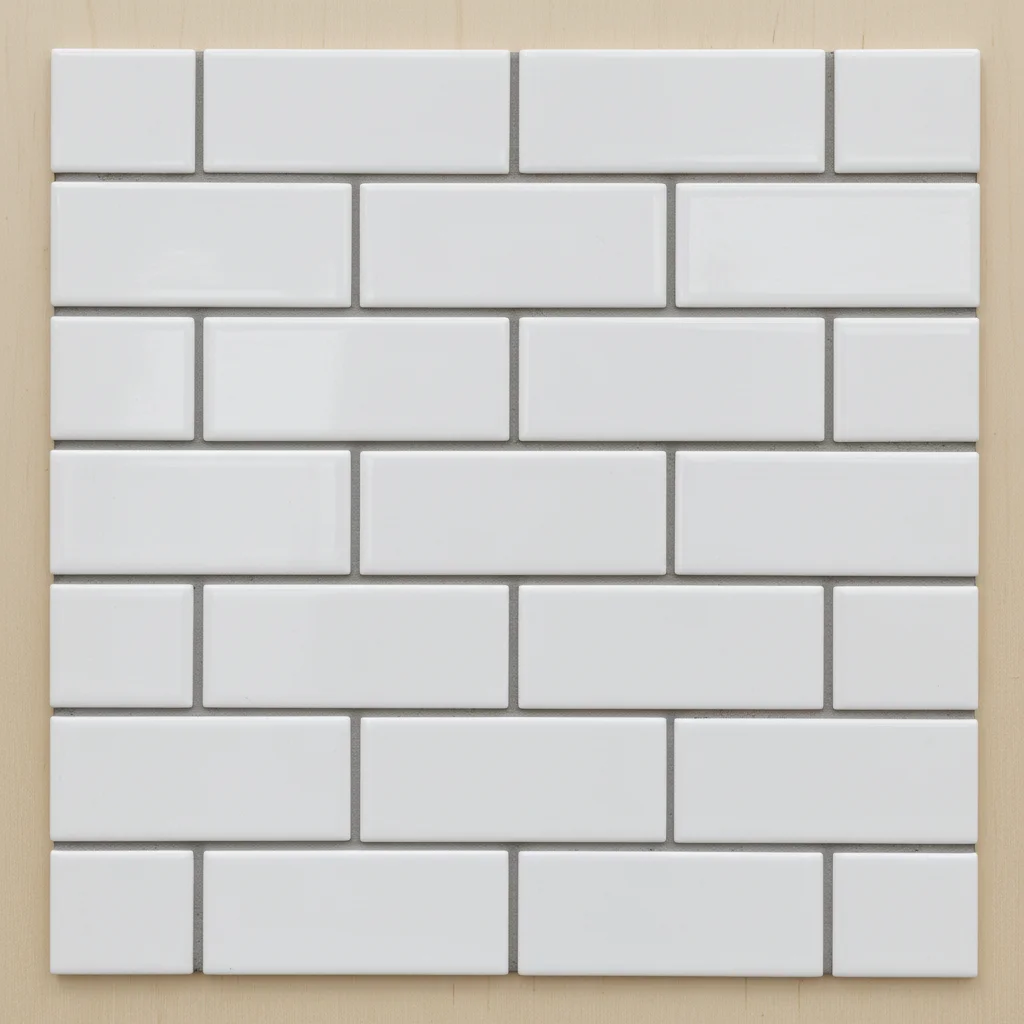 White handmade subway tile sample photographed flat in tile shop