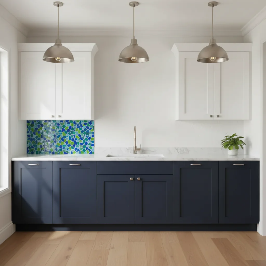 Same kitchen with geometric encaustic tile backsplash visualized from designer sample