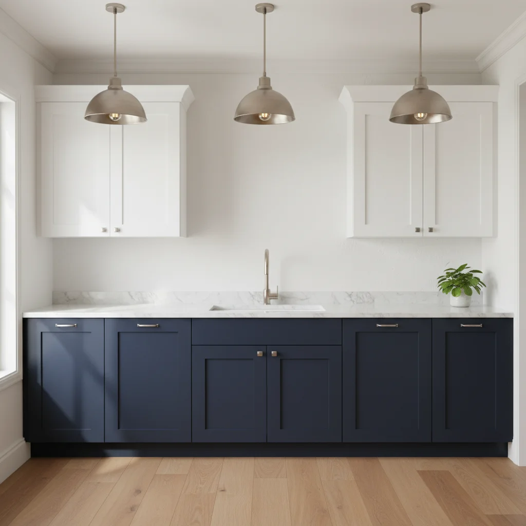 Transitional kitchen with navy lower cabinets and bare white backsplash wall