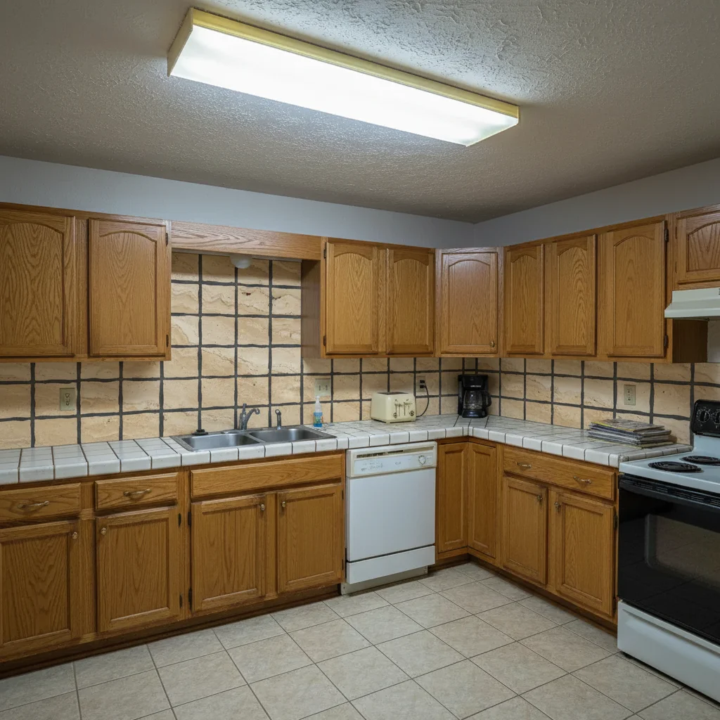 Same kitchen with gray textured stone-look tile backsplash visualized from contractor's sample