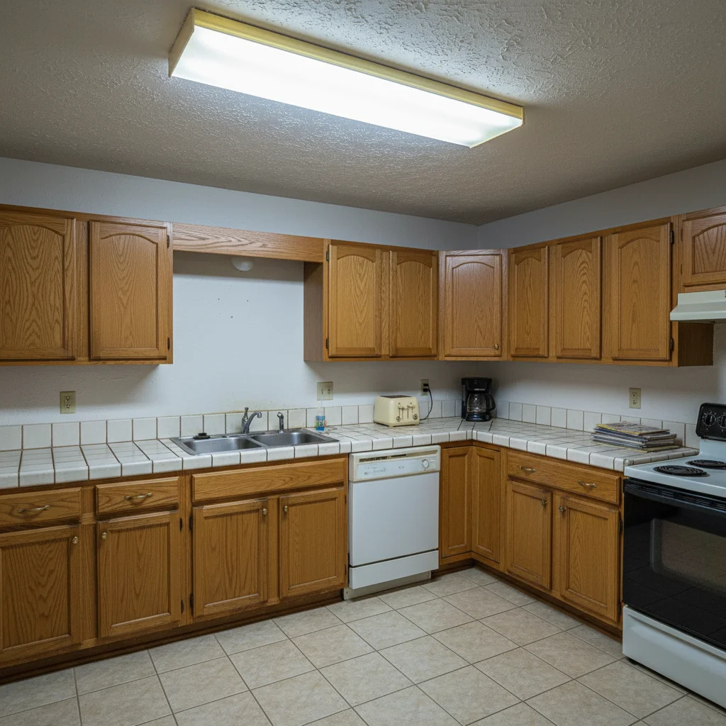 Dated kitchen with oak cabinets and plain white wall where backsplash would go