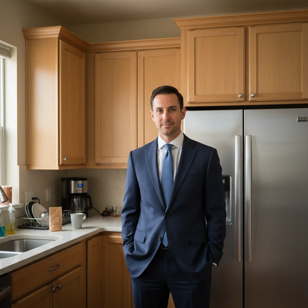 Attorney portrait with kitchen cabinets and refrigerator visible