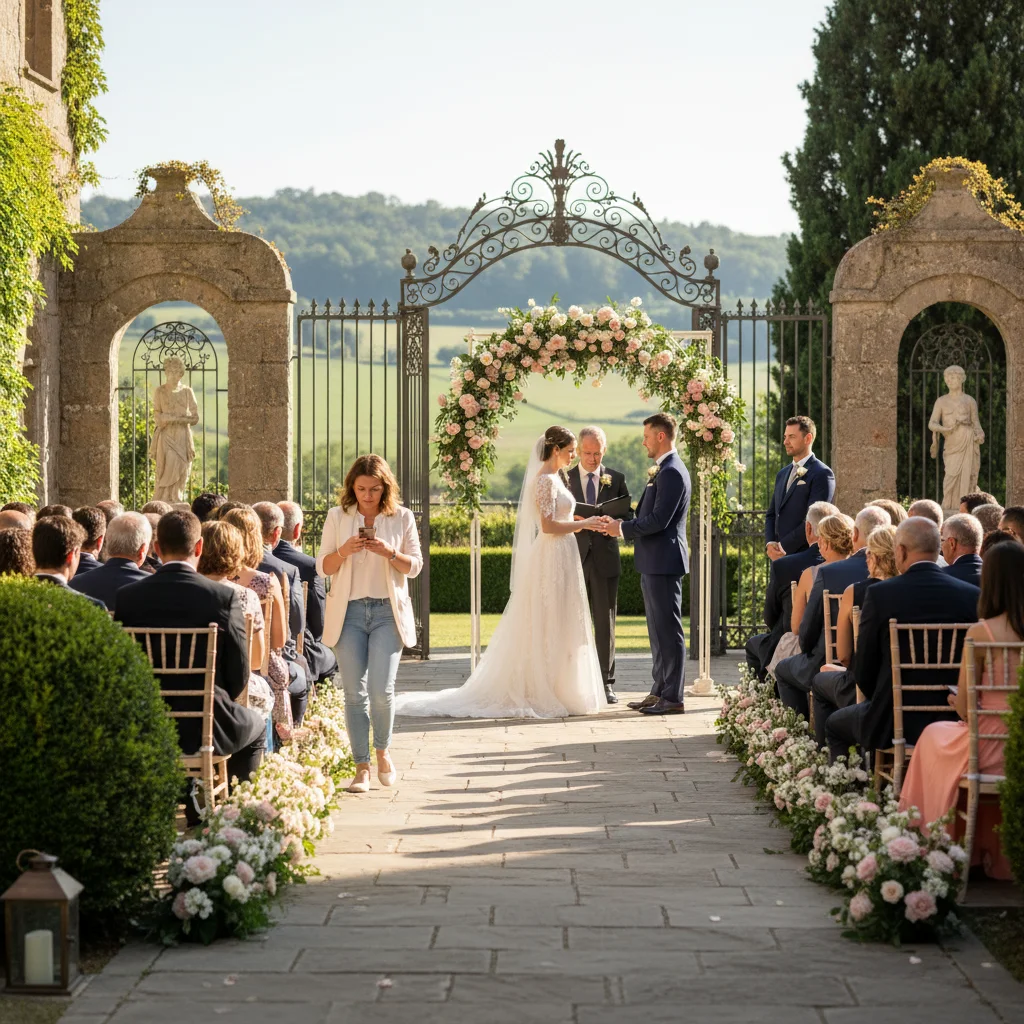 Wedding ceremony with guest walking in background