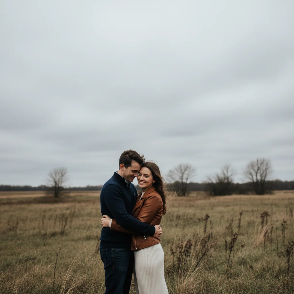 Couple portrait with dull grey overcast sky