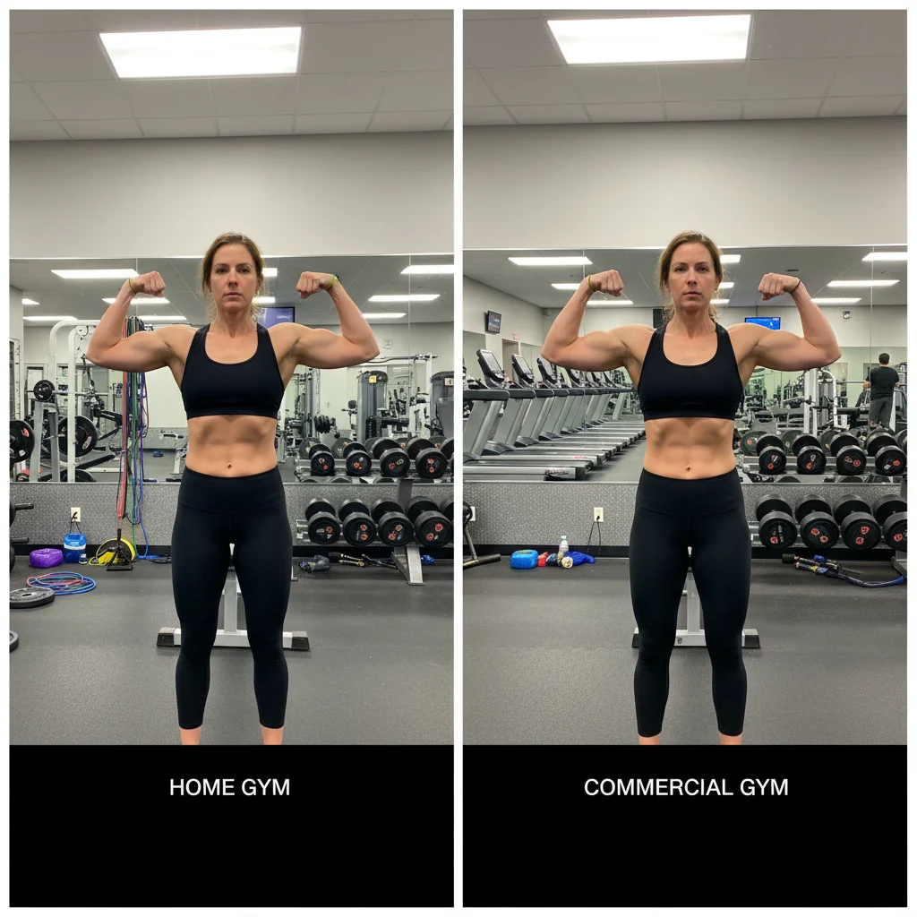 Progress photos from two different gym locations with mismatched backgrounds