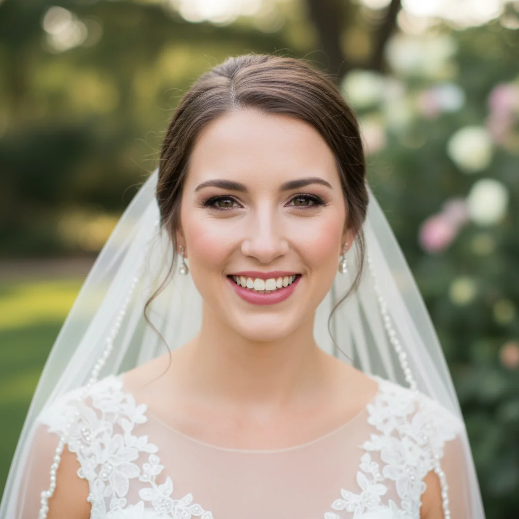 Bride with slightly yellow teeth next to white dress