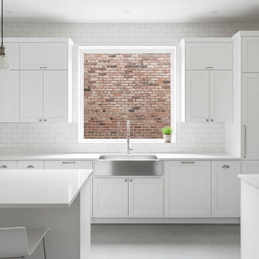 Kitchen window showing red brick wall view