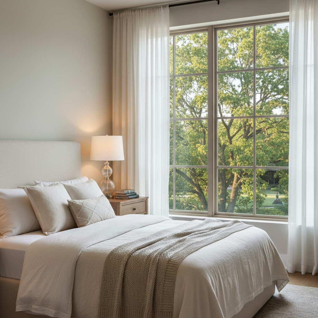 Bedroom with window showing peaceful residential greenery
