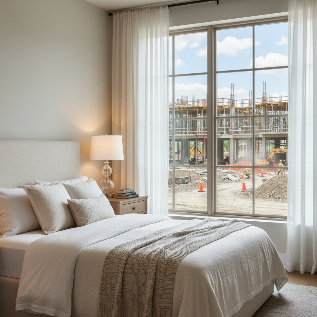 Bedroom with window showing construction site view