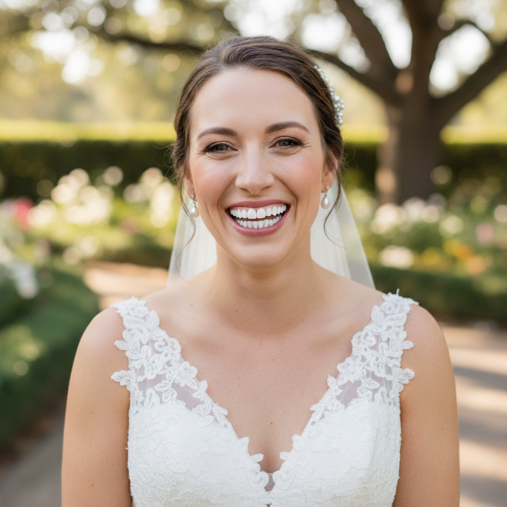 Bride with naturally bright smile matching her dress