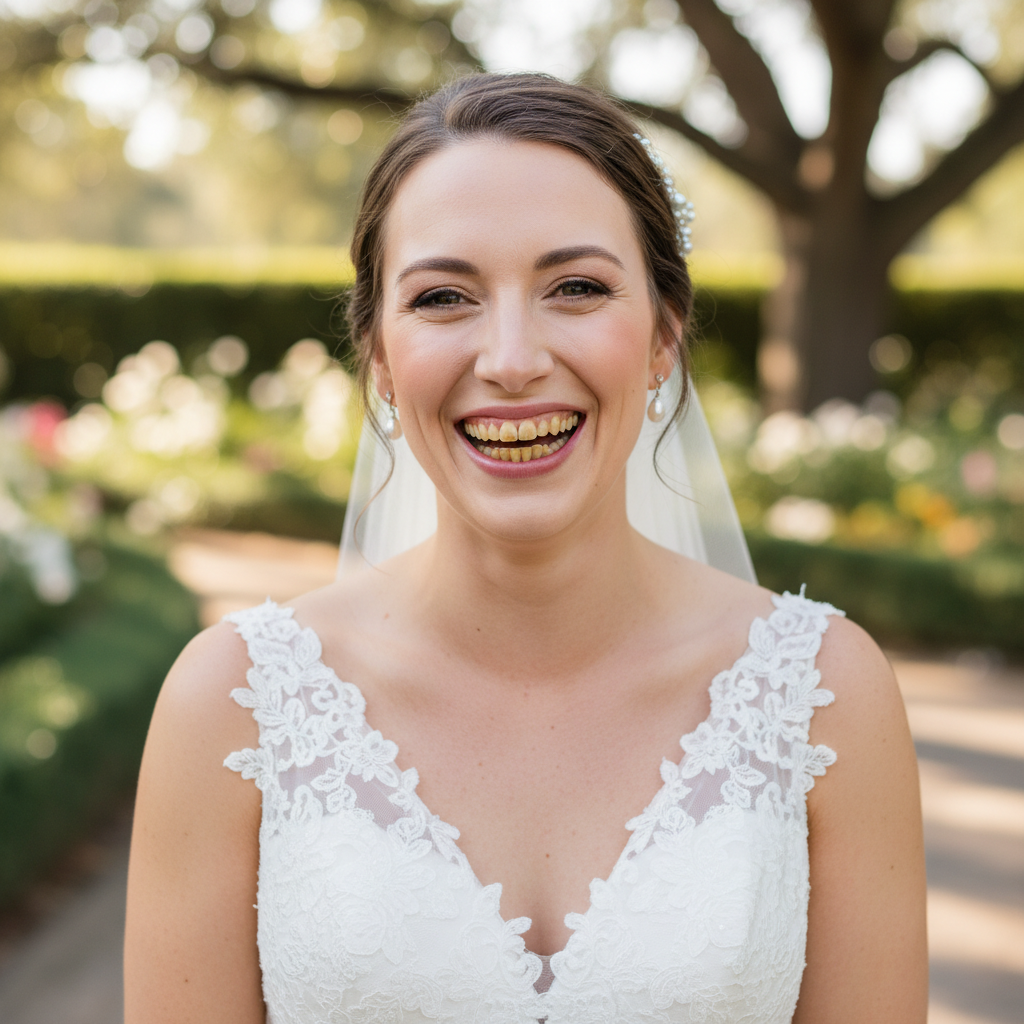 Bride with yellowed teeth contrasting against white dress