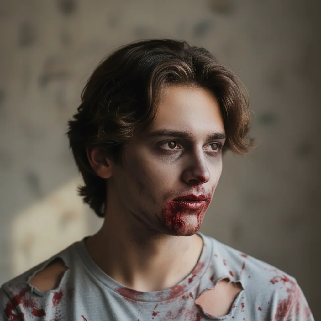 Same person transformed into a fresh zombie with pale skin and hollow eyes