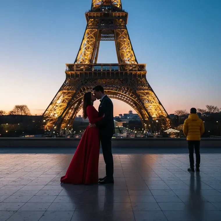 Before and after removing a stranger from a couple's photo at the Eiffel Tower