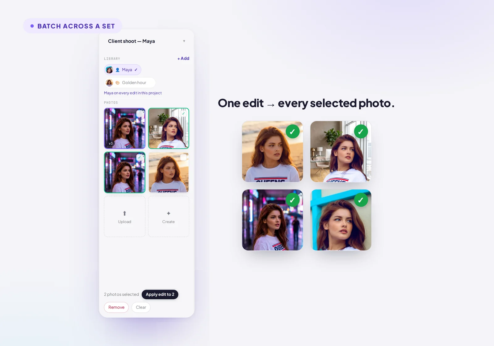 Batch mode in Studio — select several photos and apply one edit across all of them